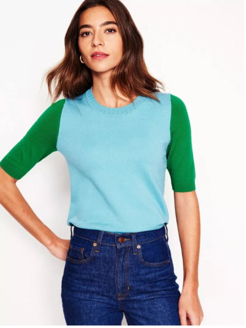NWT Boden Emilia Blue and Green Color Block Short Sleeve Knit Top